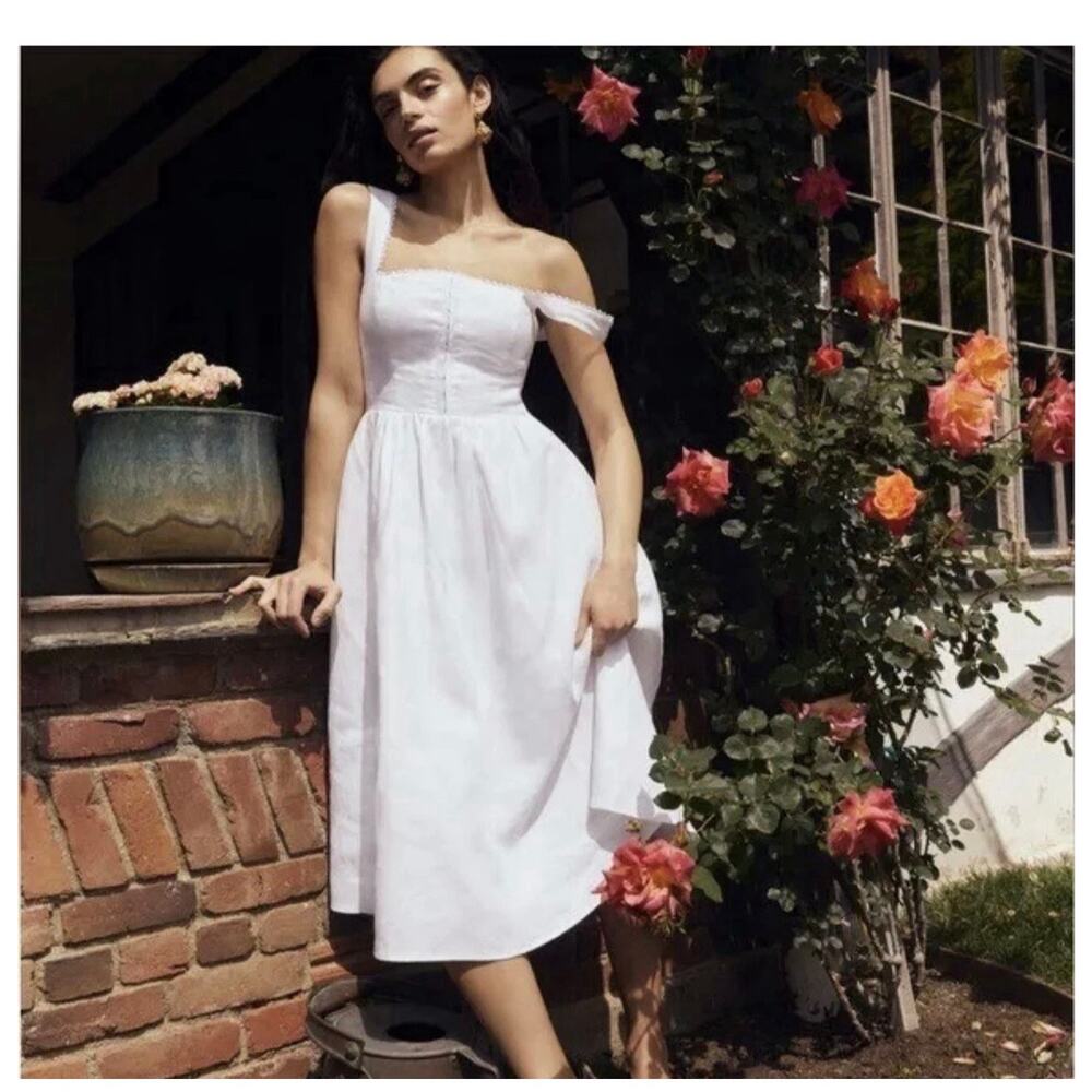 Reformation White Off-Shoulder Midi Dress